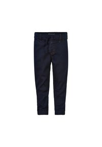 Mørkeblå denim joggerbukser med snor i livet, avskårne ben og sydd detaljer langs sømmene. Glatt tekstur, oppbrettede ankler.