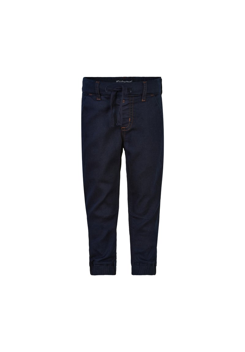 Mørkeblå denim joggerbukser med snor i livet, avskårne ben og sydd detaljer langs sømmene. Glatt tekstur, oppbrettede ankler.