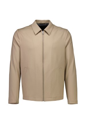 Beige Herrenjacke mit Reißverschluss, Kragen und zwei Seitentaschen, präsentiert vor einem weißen Hintergrund.