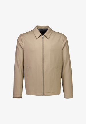 Beige Herrenjacke mit Reißverschluss, Kragen und zwei Seitentaschen, präsentiert vor einem weißen Hintergrund.