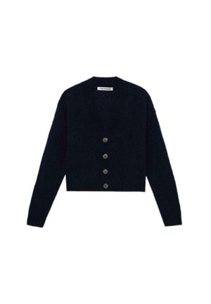 Navy blue cropped cardigan made of textured knit fabric. Features a deep V-neck and five dark buttons down the front. Long sleeves included.