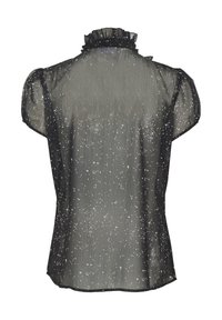 Črna prozorna bluza z nabranim ovratnikom in kratkimi napihnjenimi rokavi; ima teksturiran vzorec z razpršenimi srebrnimi pikami po celi površini.