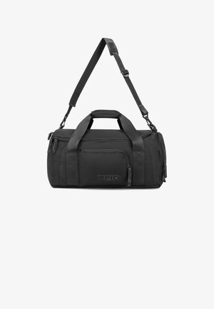 Borsa sportiva rettangolare nera con due manici, tracolla regolabile, tasca frontale con zip e logo EPIC sul davanti.