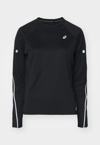 Černé sportovní tričko s dlouhými rukávy, kulatým výstřihem, bílým logem, reflexními pruhy podél rukávů a hladkým, lehkým materiálem.