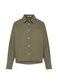 Olive green, long-sleeve button-up shirt with a pointed collar, front pocket, and white buttons; made from a textured fabric.