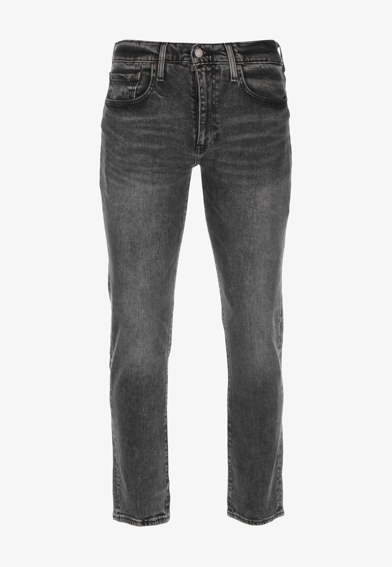 Černé džíny z denimu se rovnými nohavicemi, pěti kapsami, zipem a jemným vyblednutím pro texturu.