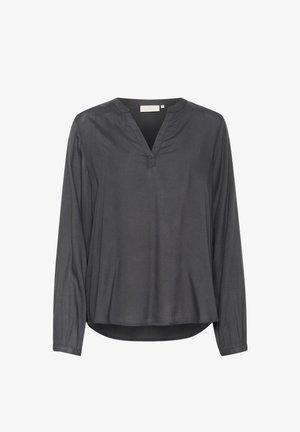 Dunkelgraue Langarmbluse mit V-Ausschnitt und gerafften Ärmeln. Glatte Textur, lässige Passform und abgerundeter Saum für den Alltag.