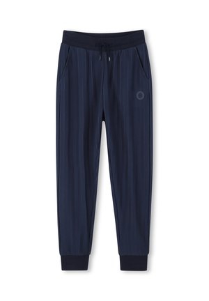 Pantalon de jogging bleu marine avec fines rayures verticales, taille élastique avec cordon, poches latérales et bords-côtes aux chevilles.
