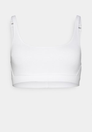 Hvid ribbet bralette med brede stropper og en sømløs underbånd. Blødt materiale, strækbart stof og ingen synlige beslag eller udsmykninger.