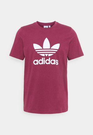 Bordeaux bomulds T-shirt med rund halsudskæring, korte ærmer og et stort hvidt Adidas-logo med tre striber og et trekløver design.