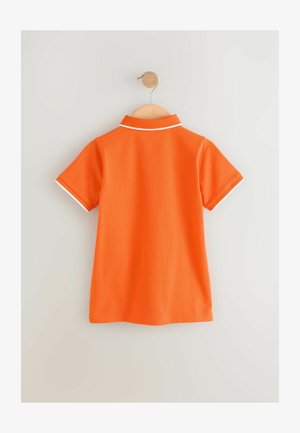 Oranžinė polo marškinė, kabo ant medinės pakabos, su baltais apykaklės ir rankovių kraštais. Sklandus paviršius, trumpomis rankovėmis ir klasikiniu dizainu.