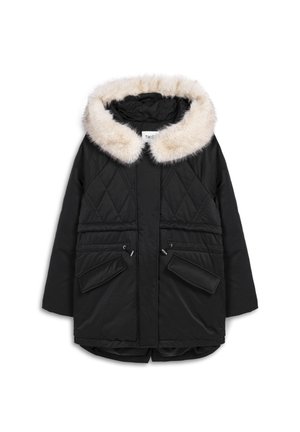 Schwarze gepolsterte Jacke mit Steppdesign, ausgestattet mit einer abnehmbaren Kunstfellkapuze, zwei Vorderaschen und verstellbaren Kordelzügen am Saum.