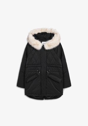 Czarna pikowana kurtka z ociepleniem, z odpinanym kapturem z sztucznego futra, dwoma przednimi kieszeniami i regulowanymi sznurkami u dołu.