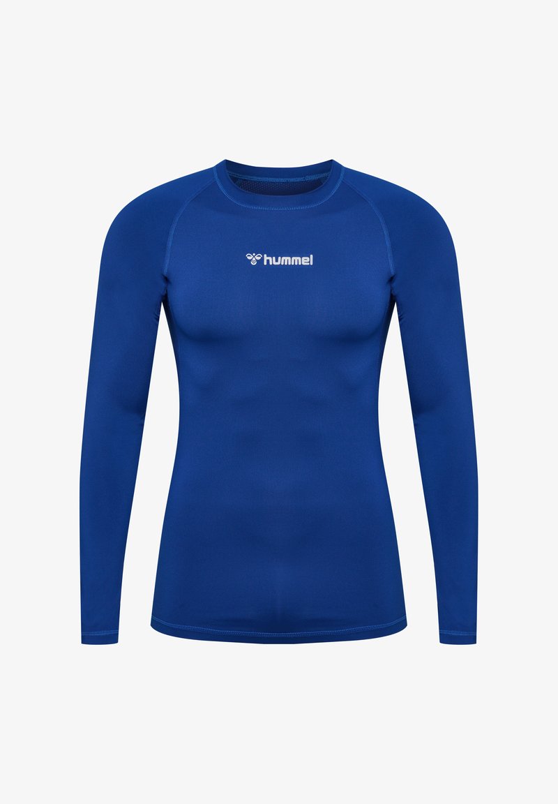 Blauwe sporthemd met lange mouwen, gemaakt van gladde stof, met een ronde halslijn en een klein wit logo op de bovenste linkerborst.