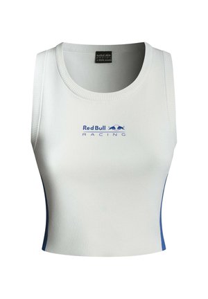 Witte cropped tanktop met ribbelstructuur, voorzien van een blauw "Red Bull Racing" logo en blauwe zijkanten. Soepele halslijn en aansluitend ontwerp.