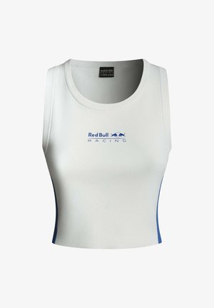 Valge lühike tank-top ribakudumisega, millel on sinine "Red Bull Racing" logo ja sinised küljeaktsendid. Sile kaelus ja istuv disain.