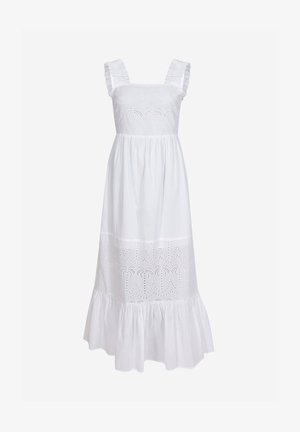 Hvid bomulds maxi kjole med firkantet udskæring. Har flæser på stropperne, øjenbroderi med palme mønstre og en lagdelt flæsekant.