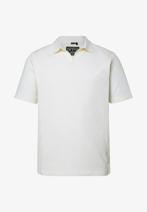 Polo bianca a maniche corte con delicato motivo a diamante in rilievo e colletto aperto, mostrata su sfondo bianco semplice.