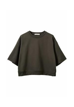 Sudadera corta verde oliva oscuro con mangas cortas anchas y bordes sin rematar en los dobladillos de las mangas.