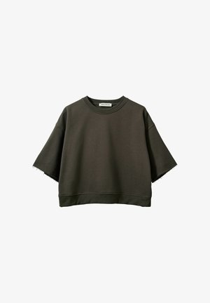 Sudadera corta verde oliva oscuro con mangas cortas anchas y bordes sin rematar en los dobladillos de las mangas.