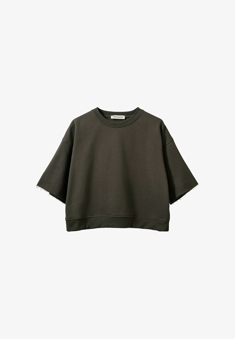 Sweatshirt court vert olive foncé avec manches courtes larges et bords bruts aux ourlets des manches.