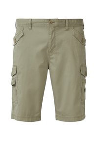 Beige cargoshorts van lichtgewicht stof, voorzien van meerdere zijzakken, een voorste knoopsluiting en gestikte details.