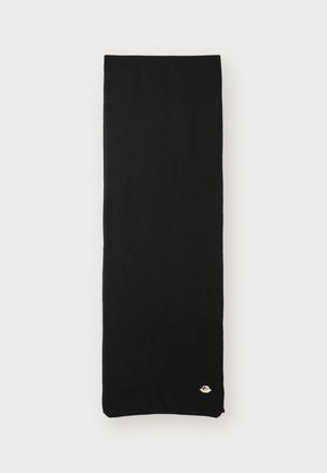 Must-mustritud must sall, millel on tekstuurne mustriga, ja allservas on väike brodeeritud logo. Ristkülikukujuline, siledate servadega.