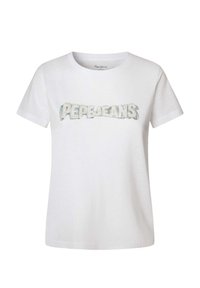 Balta medvilninė marškinė su trumpomis rankovėmis ir apvaliu iškirpimu, su daugiamačių „PEPEJEANS“ logotipu atspausdintu priekyje.