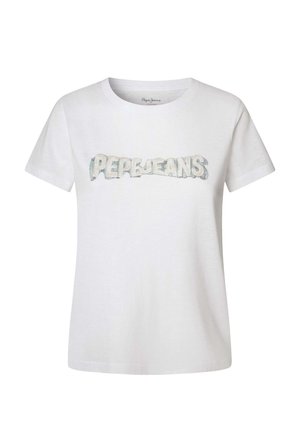 Biely bavlnený tričko s krátkymi rukávmi a okrúhlym výstrihom, s multikolórovým logom "PEPEJEANS" potlačeným na prednej strane.