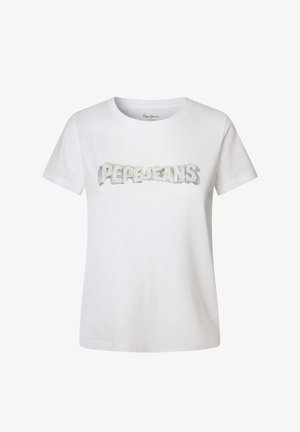 Biała bawełniana koszulka z krótkim rękawem i okrągłym dekoltem, z wielokolorowym logo "PEPEJEANS" nadrukowanym z przodu.