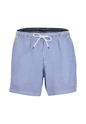 Niebiesko-białe spodenki kąpielowe w paski z elastycznym pasem i sznurkiem do regulacji. Posiadają wewnętrzną podszewkę z siateczki oraz boczne kieszenie.