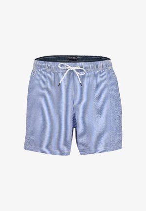 Blau-weiße gestreifte Badeshorts mit elastischem Bund und Kordelzug. Sie verfügen über ein Innenfutter aus Netzmaterial und Seitentaschen.