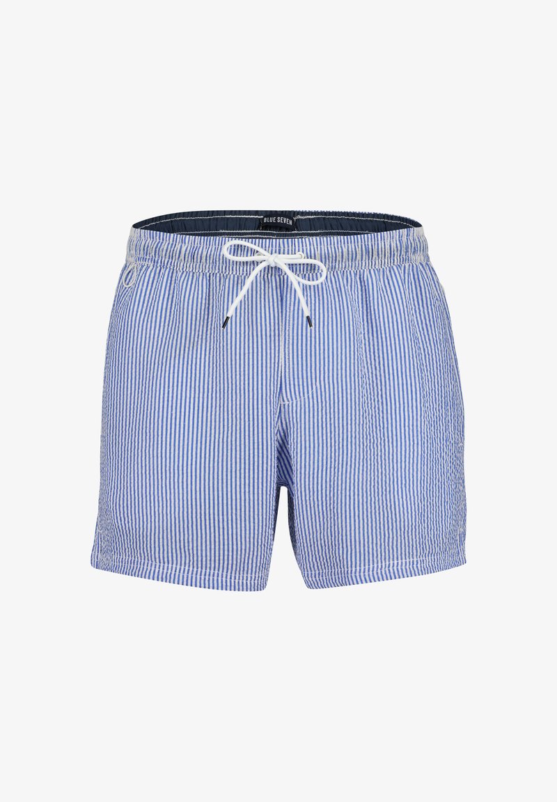 Pantaloni da bagno a righe blu e bianche con vita elastica e cordino. Presenta una fodera interna in rete e tasche laterali.