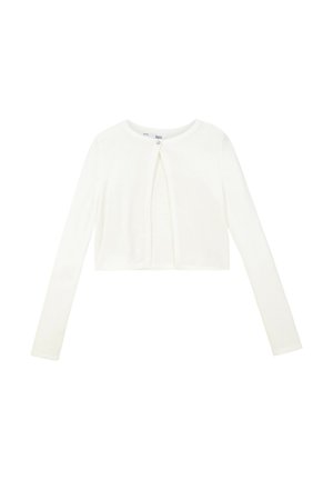 Weißer, kurz geschnittener Cardigan mit langen Ärmeln, aus einem weichen Material gefertigt, mit einem runden Halsausschnitt und einer einzigen Knopfverschluss vorne.