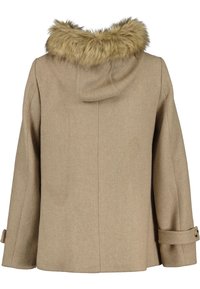 Beige wollen jas met een met bont gevoerde capuchon, voorzien van een rechte snit, lange mouwen en knoopmanchetten. Eenvoudig ontwerp zonder zichtbare patronen.