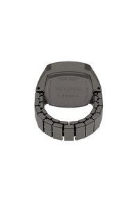 Bracelet de montre en acier inoxydable noir avec des maillons rectangulaires, affichant un cadran de montre carré et un texte gravé : "ÉDITION LIMITÉE" et "NICK JONAS."