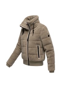 Beige fleece jas met een hoge kraag, ribgebreide manchetten en zoom, geweven textuur, en zwarte ritszakken. Verstelbare trekkoorden op de kraag.