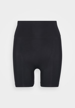 Black high-waisted shapewear shorts made from smooth, stretchy material; features a mid-thigh cut and a seamless design for comfort.