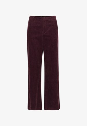 Wijdvallende corduroy broek in diep bordeauxrood, met verticale ribbeltextuur, voorkruiken en een vlakke tailleband.