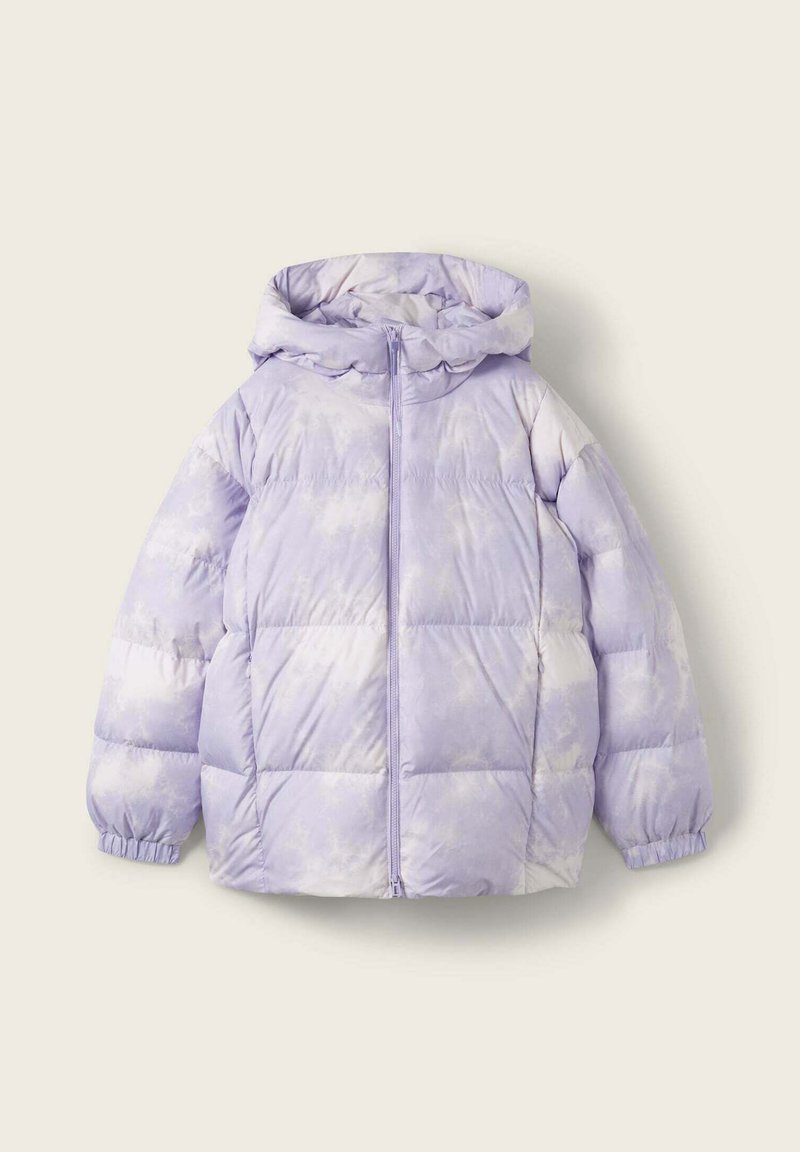 Kurtka puchowa w jasnofioletowym kolorze z wzorem tie-dye, z kapturem, zamek błyskawiczny z przodu oraz elastycznymi mankietami dla ciepła i komfortu.