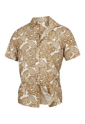 Camicia a maniche corte con bottoni e motivo di foglie tropicali beige su sfondo bianco, caratterizzata da un colletto classico e bottoni frontali.