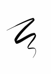Zwarte vloeibare lijn op een witte achtergrond, met een gladde, glanzende textuur en variërende diktes, die een dynamische, zigzaggende vorm creëert.