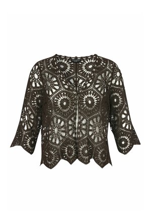 Brown crocheted lace blouse with floral and geometric patterns, three-quarter sleeves, scalloped hem, and open front design.