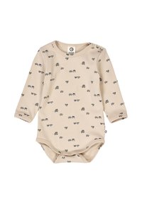 Long-sleeve beige baby onesie made of soft cotton, featuring a repeated pattern of small cars and animals in dark gray and yellow.