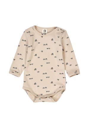 Langarmige beige baby romper van zachte katoen, met een herhaald patroon van kleine autootjes en dieren in donkergrijs en geel.