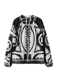 Camicia a bottoni bianco e nero con motivo floreale, maniche lunghe a sbuffo, scollatura rotonda e un tessuto leggero e texture.