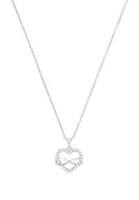 Srebrny naszyjnik z zawieszką w kształcie serca, ozdobioną symbolem nieskończoności, otoczoną małymi, przezroczystymi kamieniami, na delikatnym łańcuszku.