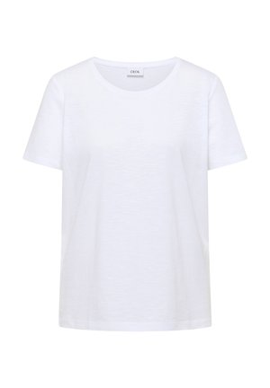 Bílé tričko s krátkým rukávem a kulatým výstřihem, rovného střihu, zobrazené na jednobarevném bílém pozadí.