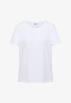 Hvid T-shirt med korte ærmer og rund halsudskæring, med lige snit, vist på en ensfarvet hvid baggrund.