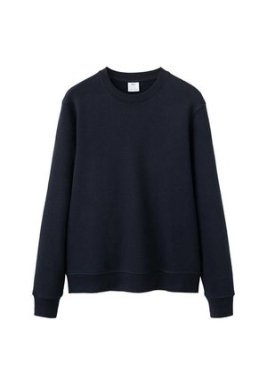 Tmavě modrá mikina z měkké tkaniny má kulatý výstřih, dlouhé rukávy a volný střih, s žebrovanými lemy na rukávech a spodním okraji.